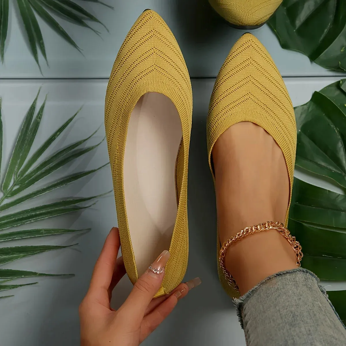 Women Pointed Toe Flat Shoes Solid Color Knitted Slip on Shoes Women Casual Breathable Ballet Flats Woman Loafers Mary Jane Shoe