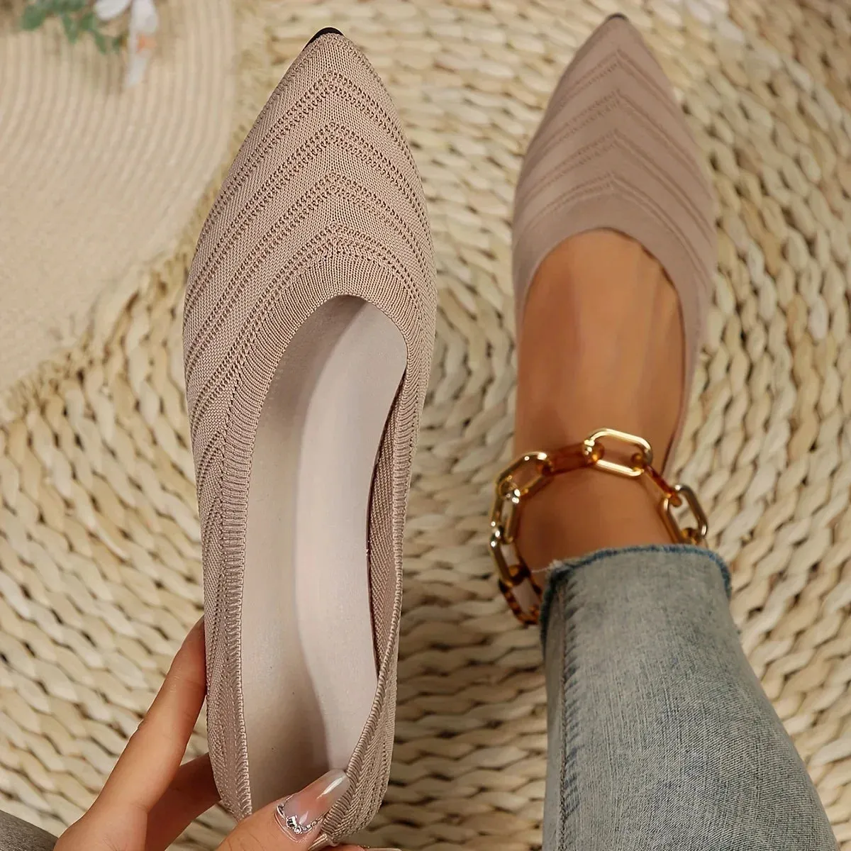 Women Pointed Toe Flat Shoes Solid Color Knitted Slip on Shoes Women Casual Breathable Ballet Flats Woman Loafers Mary Jane Shoe
