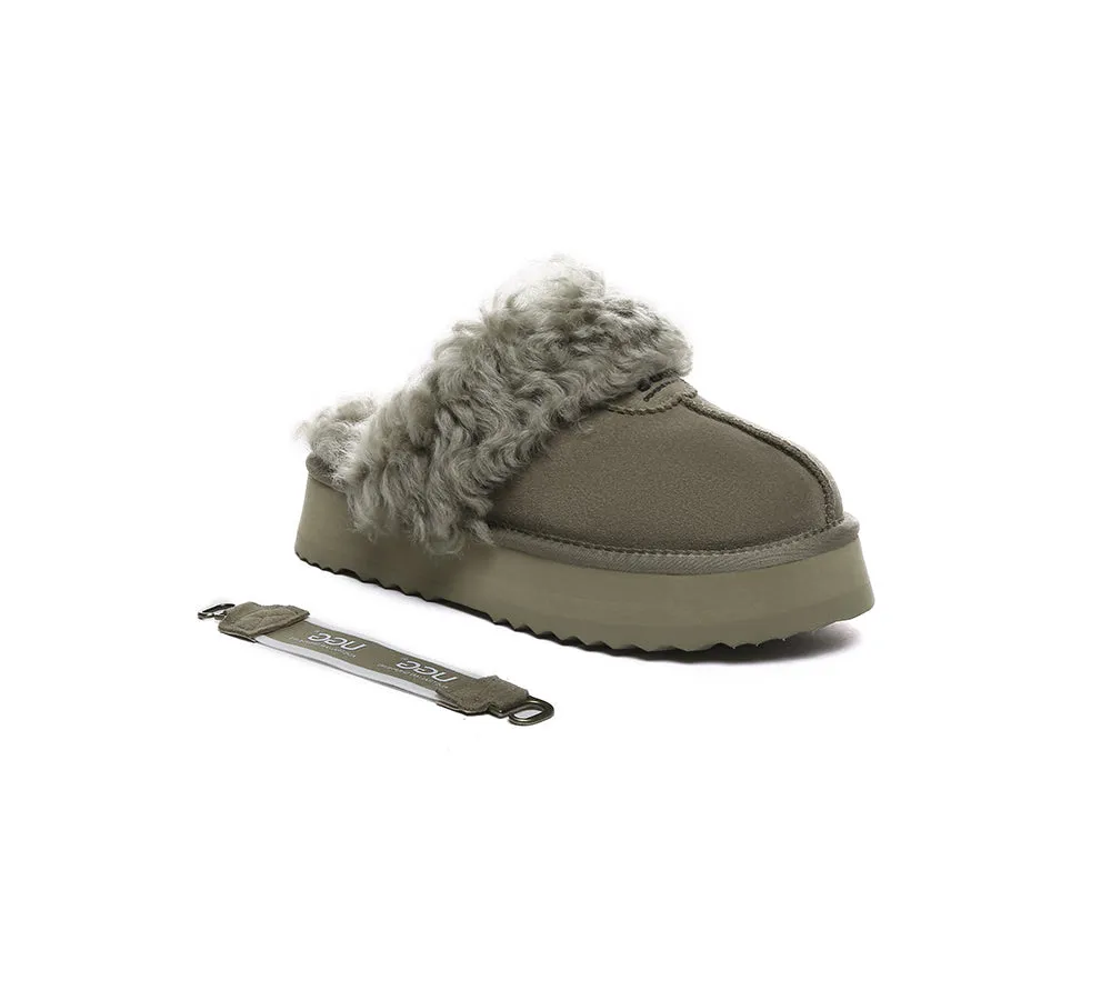Women Removable Wool Strap Slingback Platform Slippers Waffle Curly