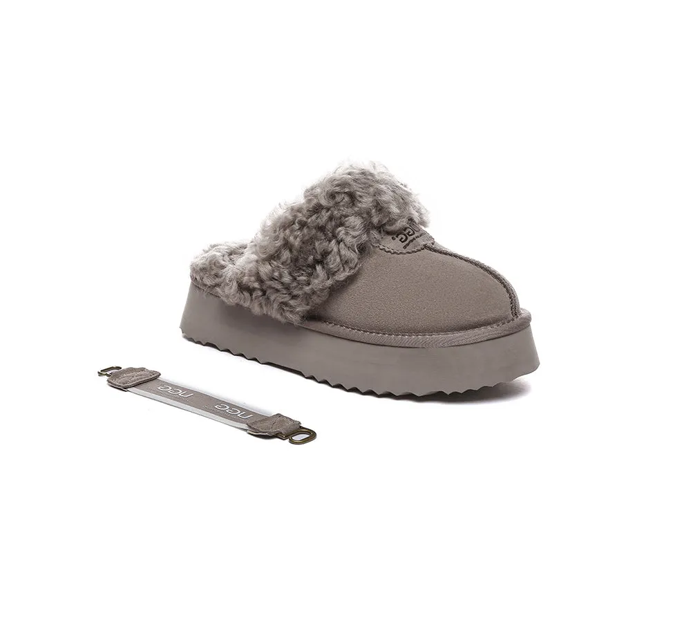 Women Removable Wool Strap Slingback Platform Slippers Waffle Curly
