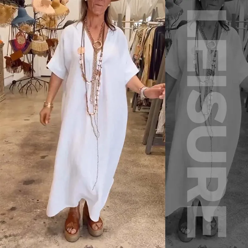 Women Solid Casual Loose Dress with Slits