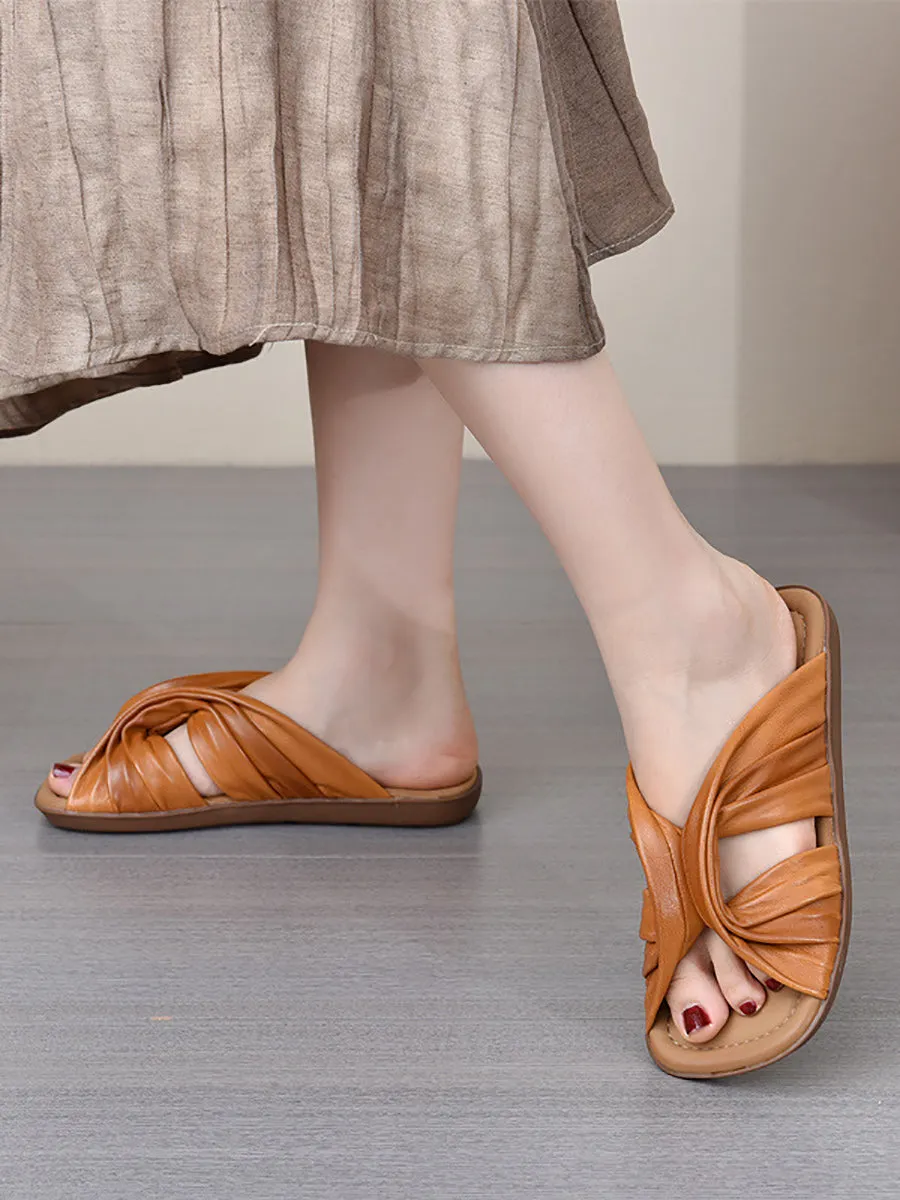 Women Summer Leather Spliced Flat Slippers
