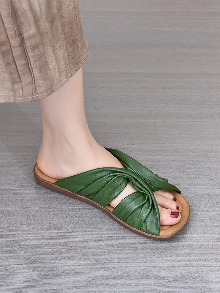 Women Summer Leather Spliced Flat Slippers