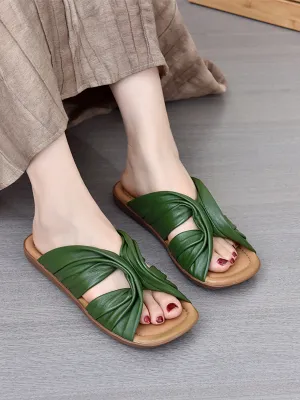 Women Summer Leather Spliced Flat Slippers