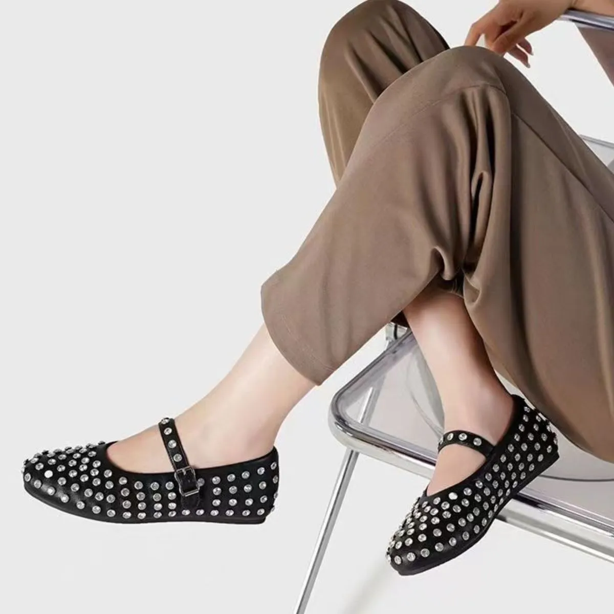 Women's Leather Studded Flat Loafers