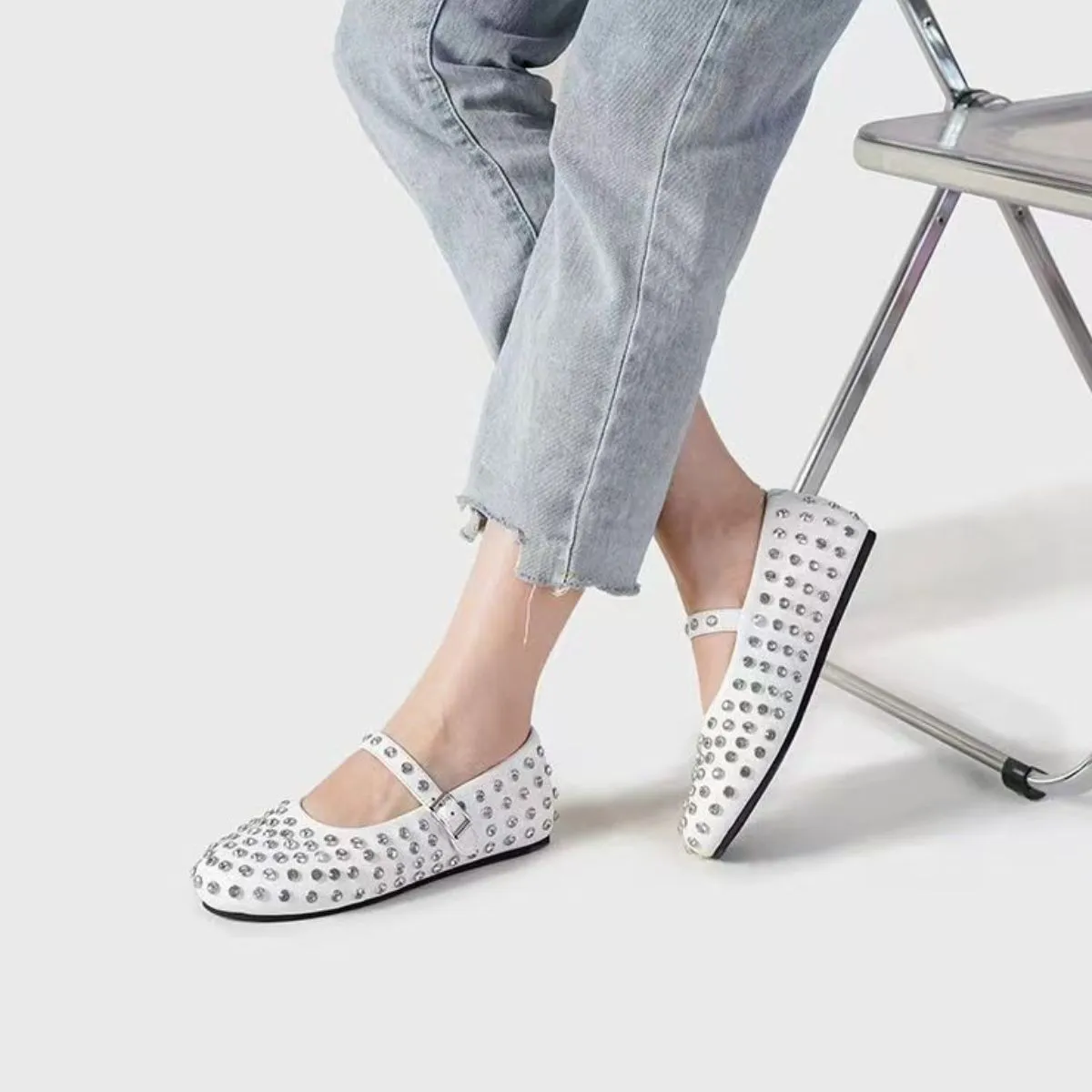 Women's Leather Studded Flat Loafers