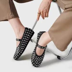Women's Leather Studded Flat Loafers